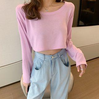 Round Neck Plain Long-sleeve Cropped T-shirt