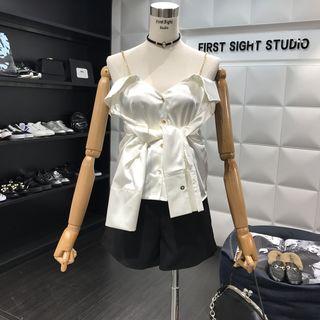 Off-shoulder Spaghetti Strap Long-sleeve Blouse