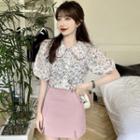 Puff-sleeve Peter Pan-collar Floral Shirt / Plain Slited Mini Skirt