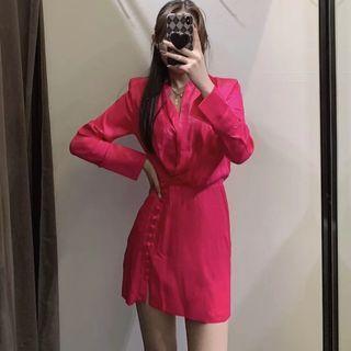 Long-sleeve V-neck Plain Slit Dress