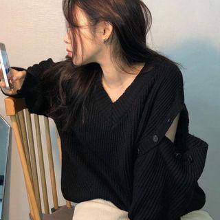 Long-sleeve V-neck Plain Knit Top Black - One Size