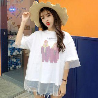 Print Short-sleeve Mesh Overlay T-shirt