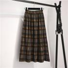 Plaid A-line Midi Skirt Brown & Gray - One Size