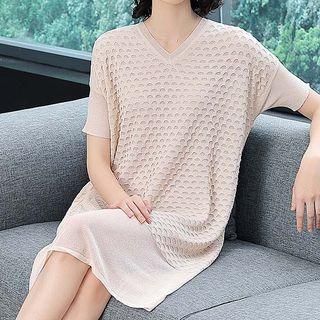 Mesh Panel Short-sleeve V-neck Knit Dress