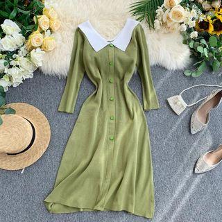 3/4-sleeve Color Block A-line Knit Dress