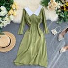 3/4-sleeve Color Block A-line Knit Dress