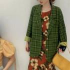 Plaid Single-breasted Blazer / Flower Print Sleeveless Midi Dress