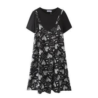 Short-sleeve Mock Two-piece Heart Print Mid Smock Dress