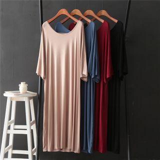 Plain Elbow-sleeve Shirred Midi T-shirt Dress