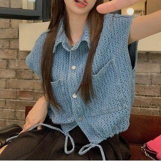 Patterned Denim Button-up Vest Denim Blue - One Size