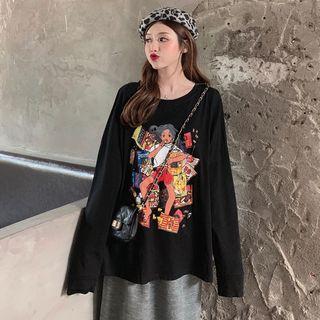 Cartoon Print Long-sleeve T-shirt / Midi Skirt