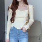V-neck Plain Knit T-shirt Beige - One Size