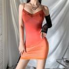 Lace-trim Ombre Spaghetti-strap Mini Bodycon Dress