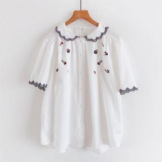 Elbow-sleeve Collared Floral Embroidered Blouse White - One Size
