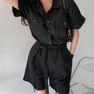 Flap-pocket Safari Playsuit With Sash