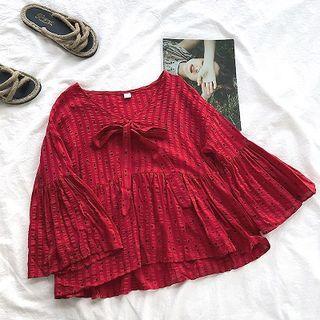 Polka Dot Ribbon Lace-up Flare-sleeve Top