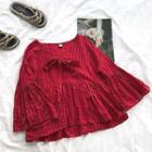 Polka Dot Ribbon Lace-up Flare-sleeve Top