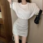 Sequined Short-sleeve T-shirt / Drawstring Mini Pencil Skirt