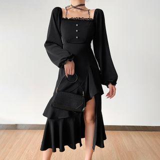 Long-sleeve Ruffle Hem Lace Trim Midi A-line Dress