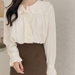 Long-sleeve Ruffled Shirt / Midi Shift Skirt