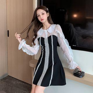 Long-sleeve Two Tone Lace Trim Mini Dress