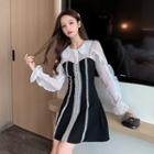 Long-sleeve Two Tone Lace Trim Mini Dress