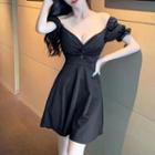 Short-sleeve Off-shoulder V-neck Mini A-line Dress