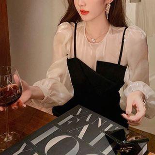 Set: Plain Blouse + Mini Overall Dress