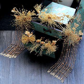 Wedding Set: Alloy Branches Hair Clip + Hair Stick + Hair Comb + Fringed Earring Set - As Shown In Figure - 1 Pair Clip On Earrings - One Size