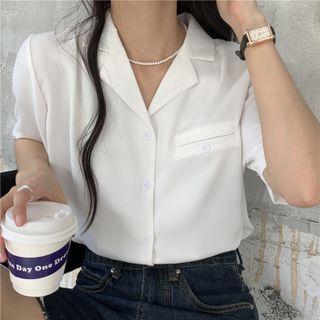 Short-sleeve Plain Pocket Detail Blouse