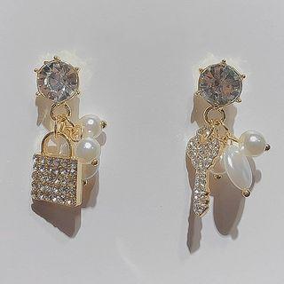 Faux Pearl Rhinestone Lock & Key Dangle Earring 1 Pair - Silver Needle - Gold - One Size