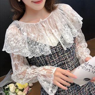 Collared Bell-sleeve Lace Top White - One Size
