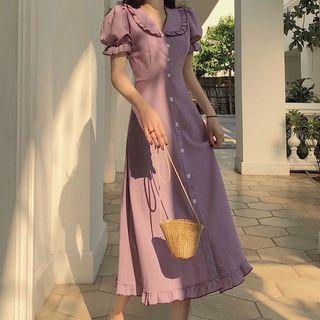 Puff-sleeve A-line Midi Shirtdress