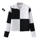 Collared Plaid Knit Top Plaid - Black & White - One Size
