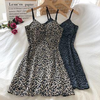 Spaghetti Strap Padded Leopard Print A-line Dress