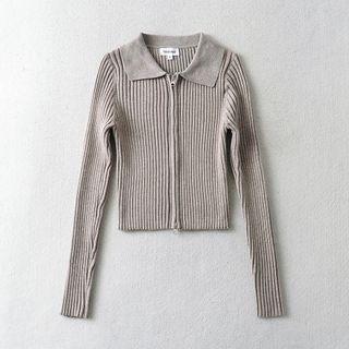 Collared Ribbed Knit Zip-up Cardigan