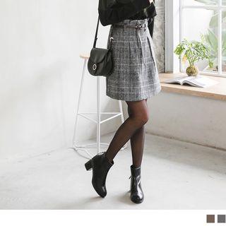 Belt Waist Plaid A-line Skirt