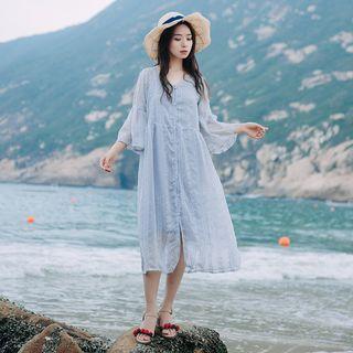 Set: Embroidered Bell-sleeve A-line Dress + Slipdress Blue - One Size