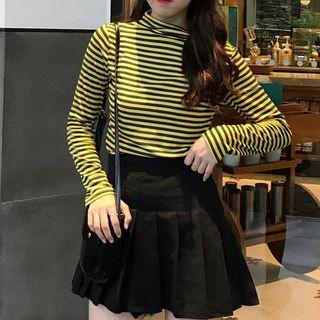 Long-sleeve Striped Mock-neck T-shirt
