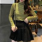 Long-sleeve Striped Mock-neck T-shirt