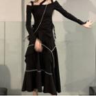 Asymmetrical Cold-shoulder T-shirt / Midi A-line Skirt