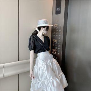 V-neck Short-sleeve Blouse / Shirred Midi A-line Skirt