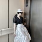 V-neck Short-sleeve Blouse / Shirred Midi A-line Skirt