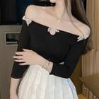 Long-sleeve Bow Off-shoulder Top Black - One Size