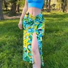 High-waist Drawstring Pattern-print Slit Midi Skirt