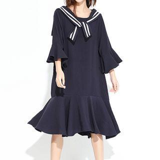 Sailor Collar 3/4 Sleeve Ruffle Hem Dress