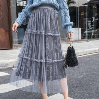 Mesh Overlay Midi Velvet Skirt
