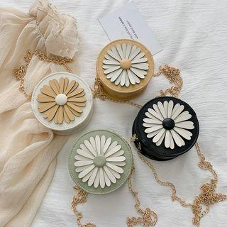 Faux Leather Flower Detail Round Crossbody Bag