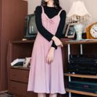 Set: Long-sleeve Top + Spaghetti Strap A-line Midi Dress