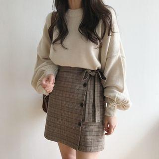Set: Plain Sweater + Plaid Ribbon A-line Mini Skirt